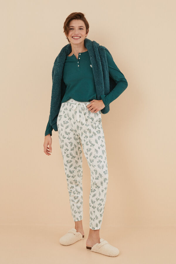 Womensecret Pantalón pijama 100% algodón hojas blanco