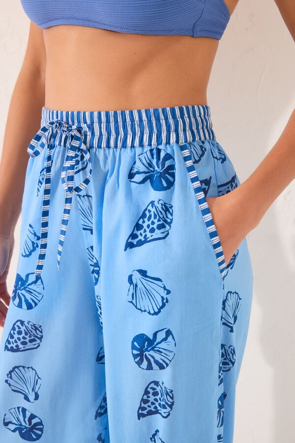 Womensecret Pantalón largo azul con estampado de conchas estampado