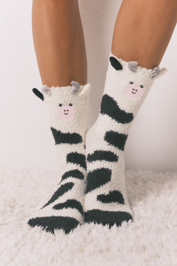 Women'secret Calcetines largos de pelo de vaca con estampado 3D blanco