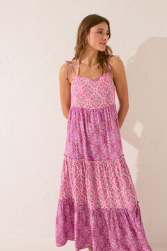 Womensecret Vestido largo de volantes con print tribal rosa