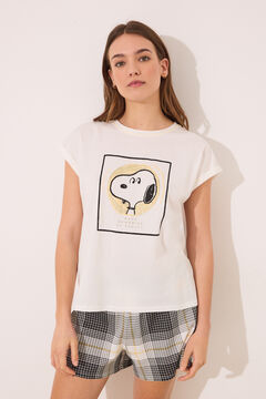 Womensecret Pijama corta de algodón a cuadros de Snoopy marfil