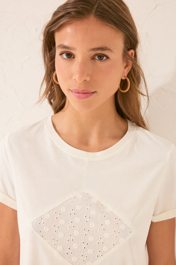 Womensecret Playera de manga corta bordado blanca 100% algodón blanco