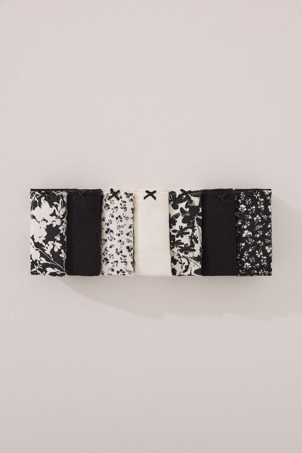 Womensecret Pack de 7 tangas de algodón con estampado mixto en blanco y negro negro