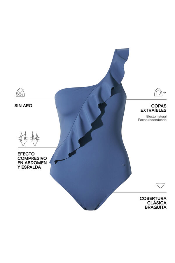 Women'secret Traje de ba&ntilde;o moldeador con volante asim&eacute;trico azul azul