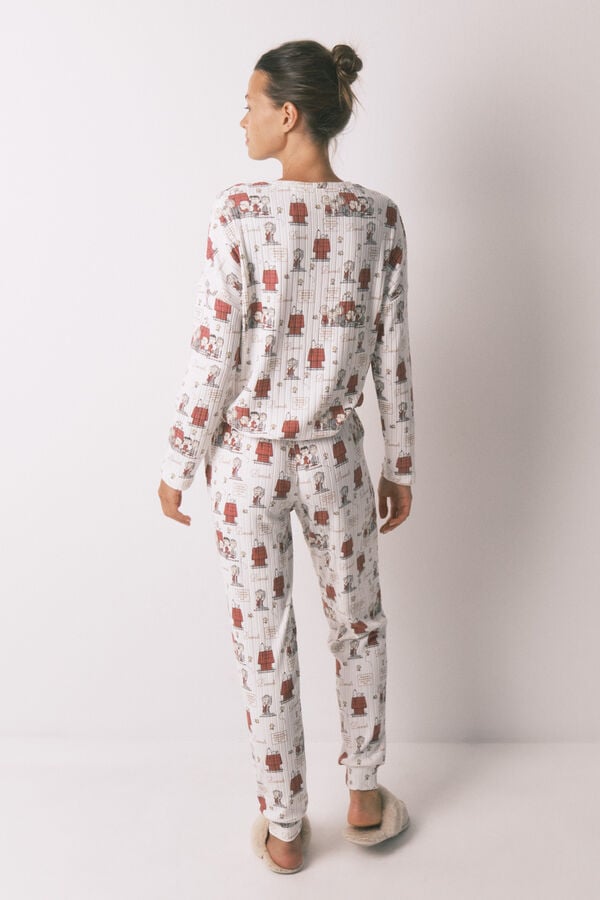 Women'secret Pijama larga canalé suave blanco Snoopy marfil