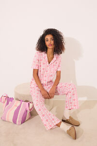 Womensecret Pijama camisera capri 100% algodón flores rosa