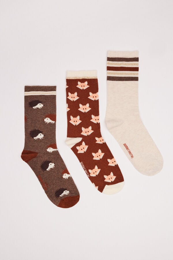 Women'secret Pack 3 calcetines medios algod&oacute;n caf&eacute; estampado