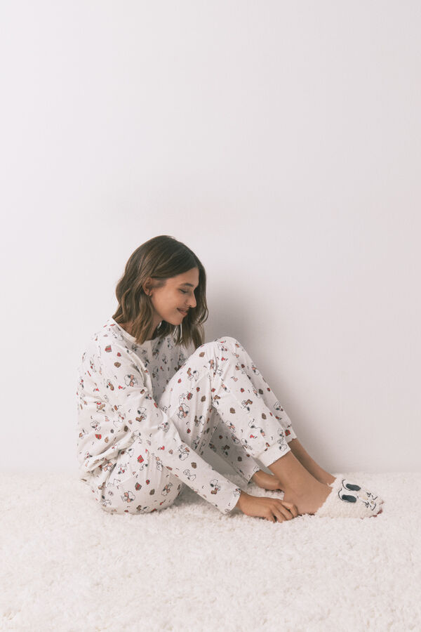 Women'secret Pijama larga 100% algodón blanco Snoopy marfil