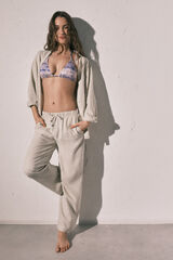 Women'secret Pantal&oacute;n largo de lino blanco caf&eacute;