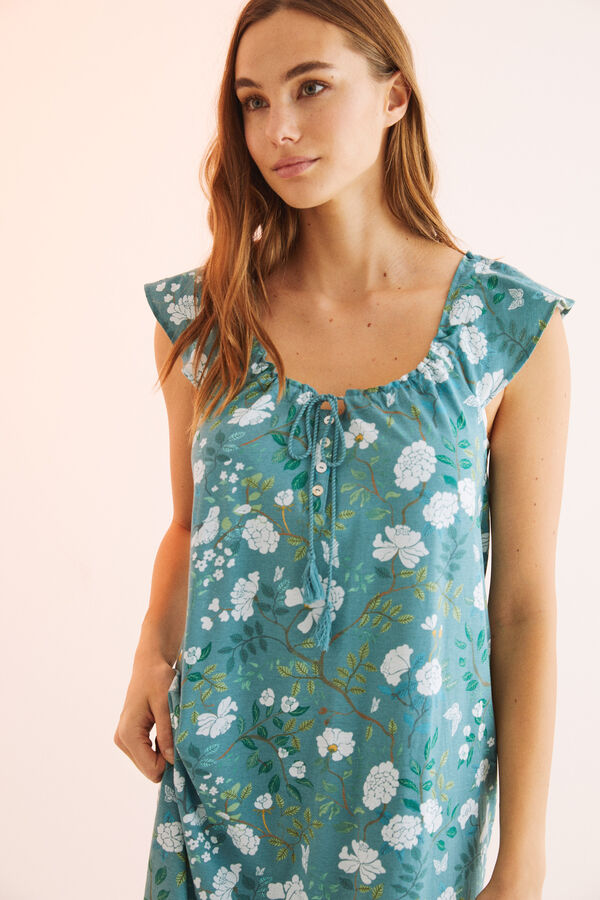 Womensecret Camisón 100% algodón volantes estampado azul estampado