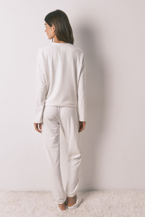 Women'secret Pijama larga polar estampado rayas lurex marfil