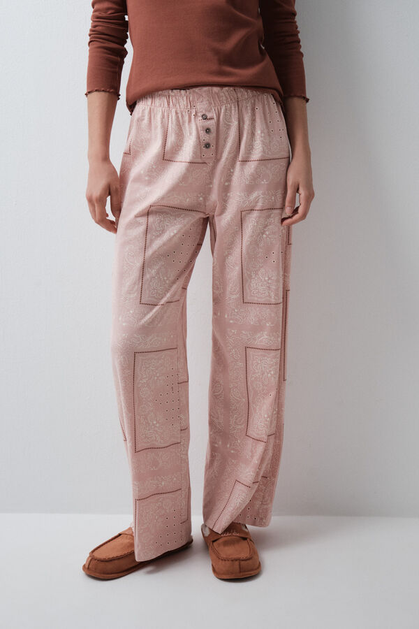 Women'secret Pantal&oacute;n largo de algod&oacute;n con estampado bandana rosa rosa