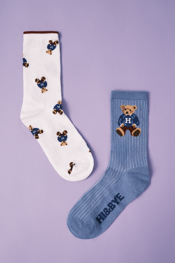 HI&BYE Pack 2 calcetines azul y blanco osito estampado