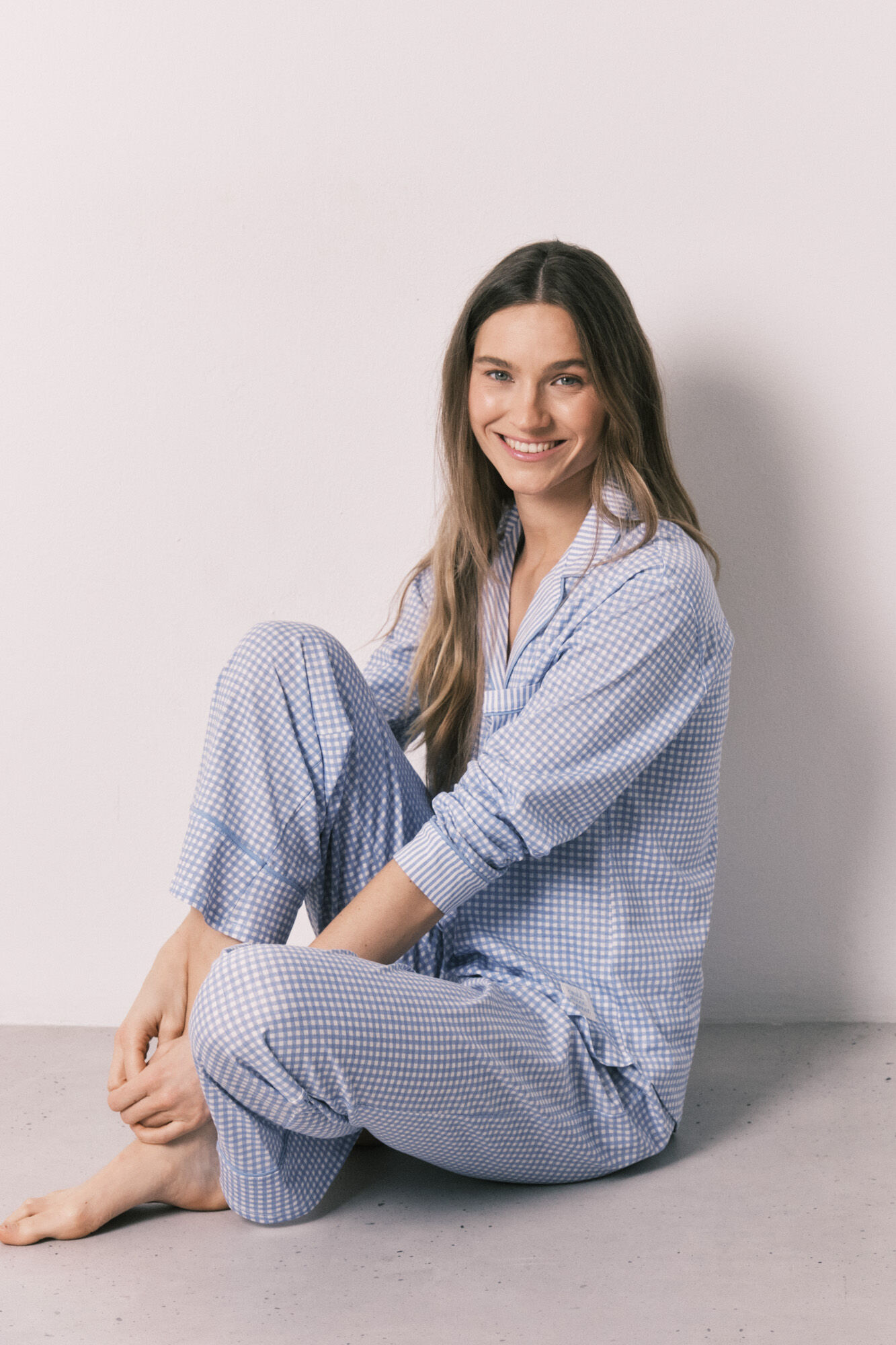 Women'secret Pijama camisera larga estampado vichy de algod&oacute;n azul