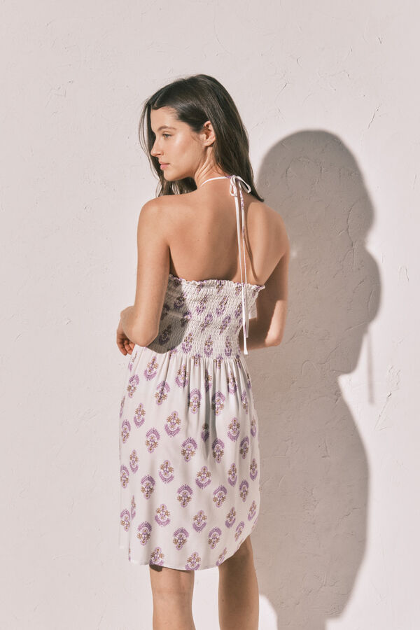 Women'secret Vestido corto con escote smock estampado blanco