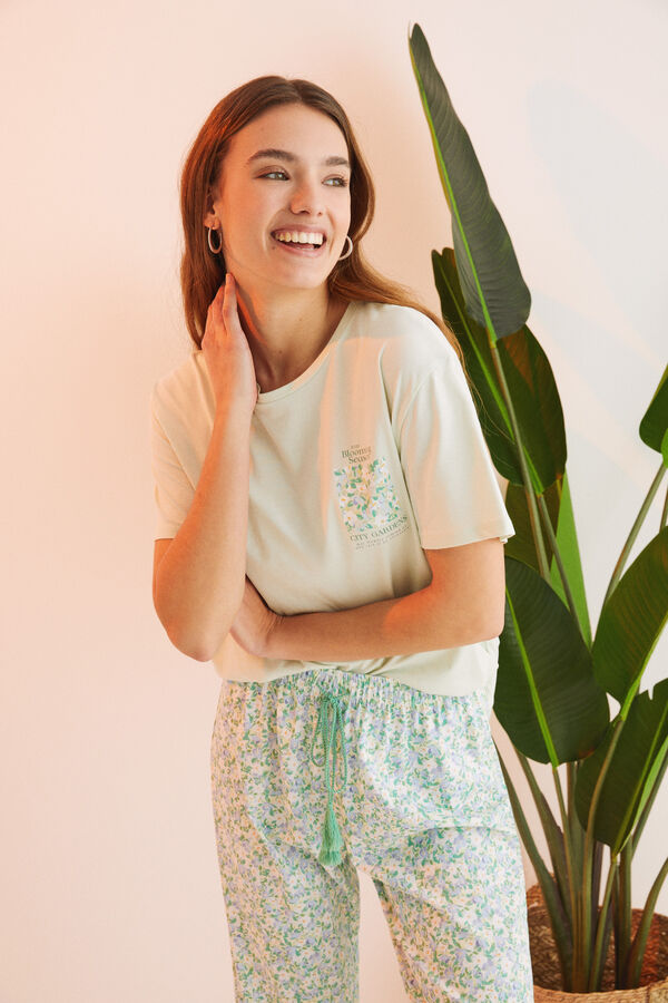 Womensecret Pijama 100% algodón Capri verde flores  verde