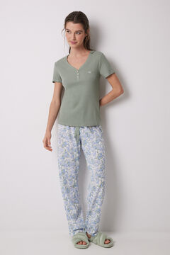 Womensecret Pijama 100% algodón canalé verde flores kaki