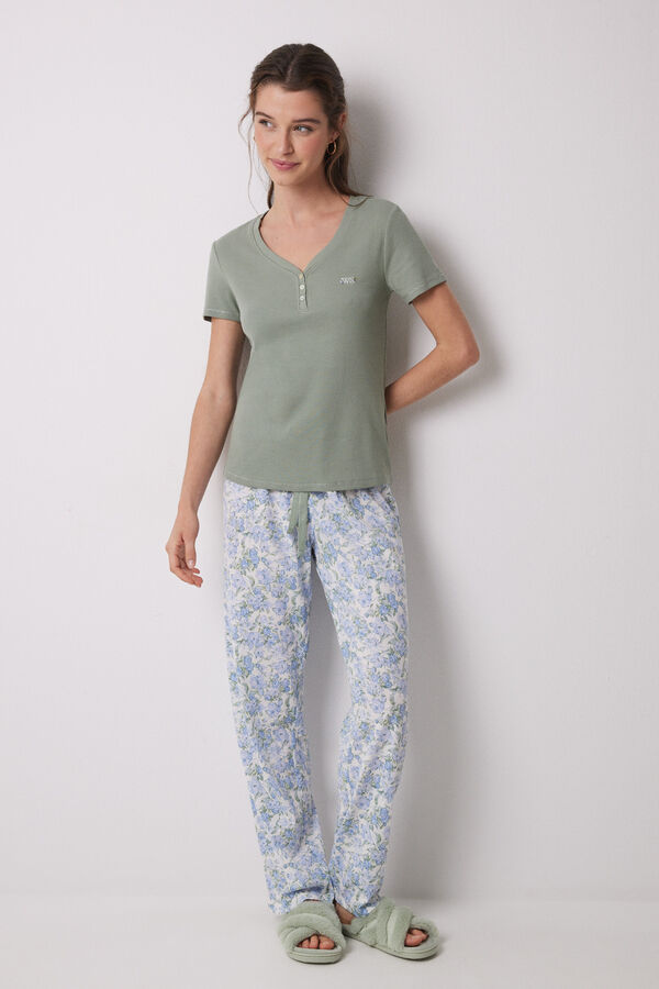 Womensecret Pijama 100% algodón canalé verde flores kaki