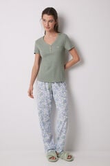 Womensecret Pijama 100% algodón canalé verde flores kaki