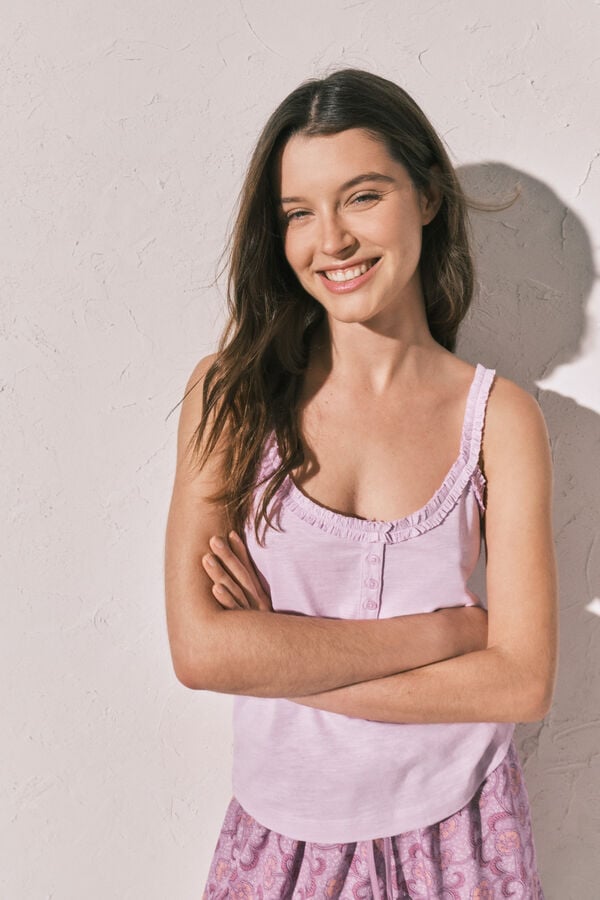 Women'secret Playera de tirantes con volantes de algod&oacute;n rosa verde