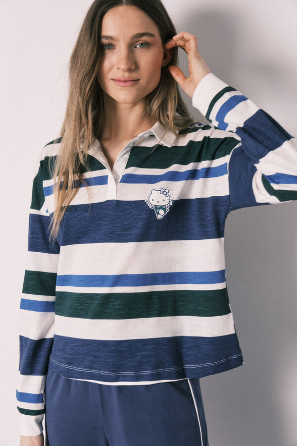 Women'secret Pijama larga Hello Kitty polo de algod&oacute;n a rayas estampado
