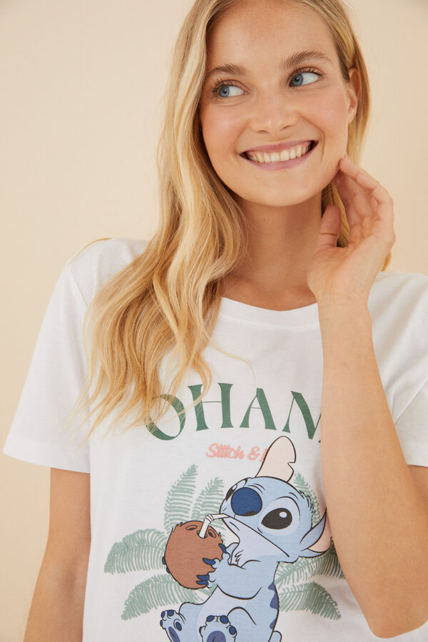 Women'secret Pijama larga Lilo & Stitch blanco marfil