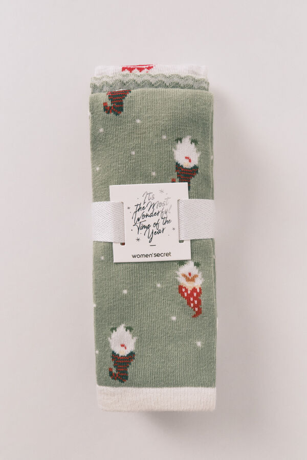 Women'secret Pack de 3 calcetines largos de algodón con forma de gnomo verde
