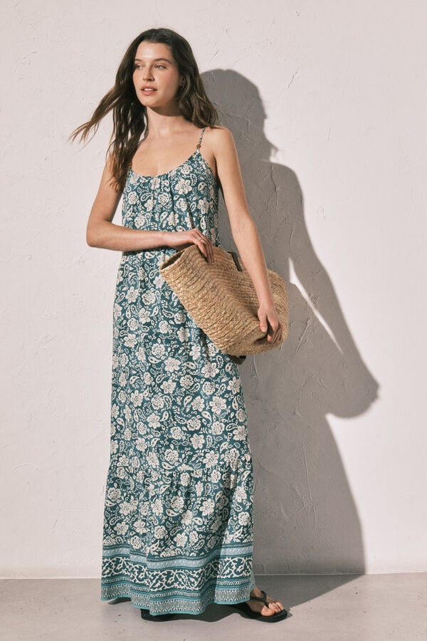 Women'secret Vestido largo de tirantes estampado boho verde