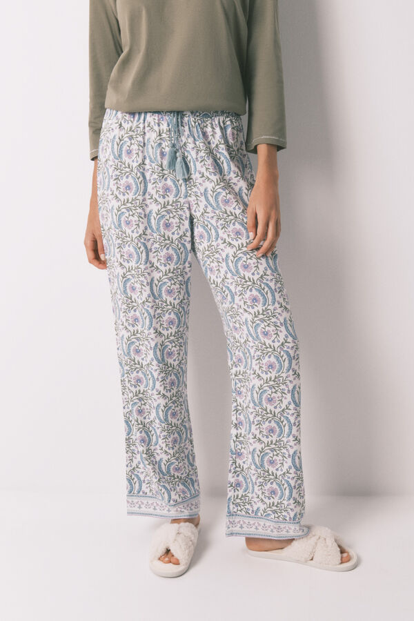Women'secret Pantalón largo de viscosa con estampado de flores verde