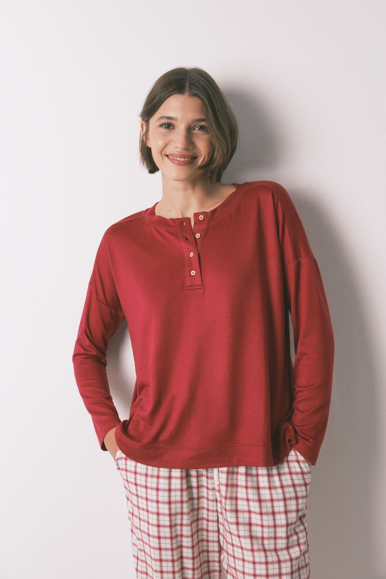 Women'secret Playera tejido de manga larga de ante rojo