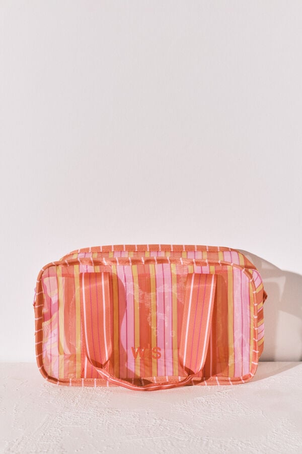 Women'secret Neceser mediano de malla a rayas rosa y naranja estampado