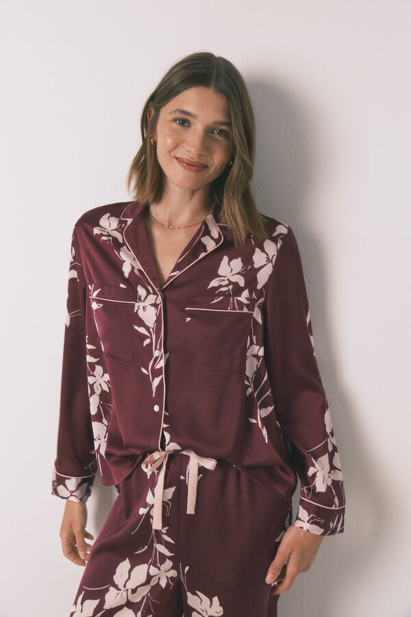 Womensecret Pijama camisera largo con estampado floral en color granate estampado
