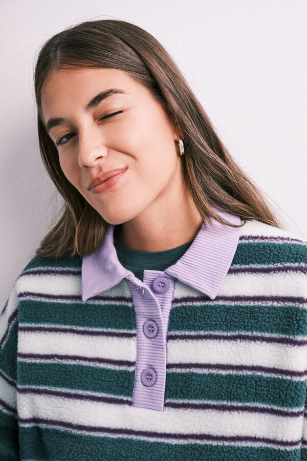 HI&BYE Sudadera polo de borreguito a rayas verde estampado