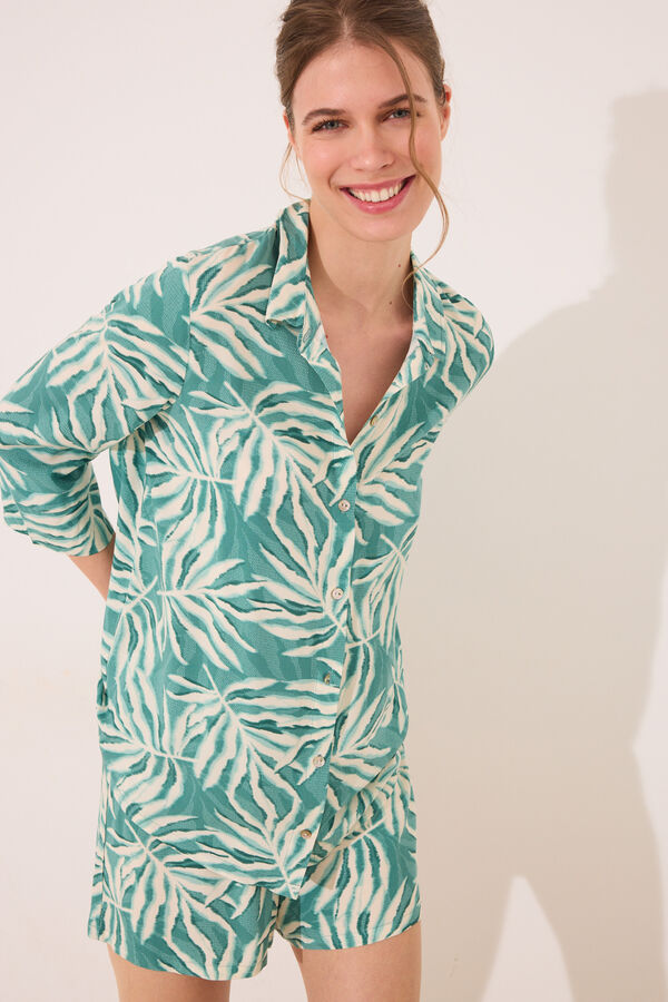 Womensecret Conjunto de camisa y pantalón con estampado de hojas verde