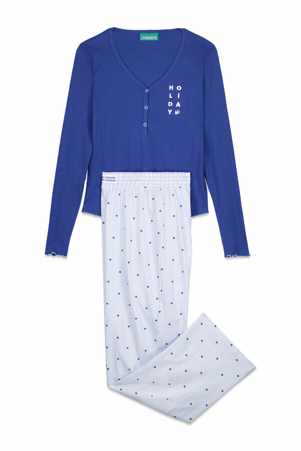 HI&BYE Pijama larga de algodón de rayas azules  estampado