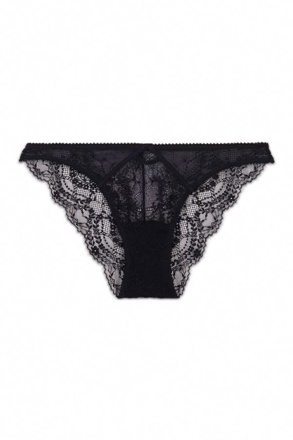 Women'secret Panty cl&aacute;sica de encaje y tul negro negro