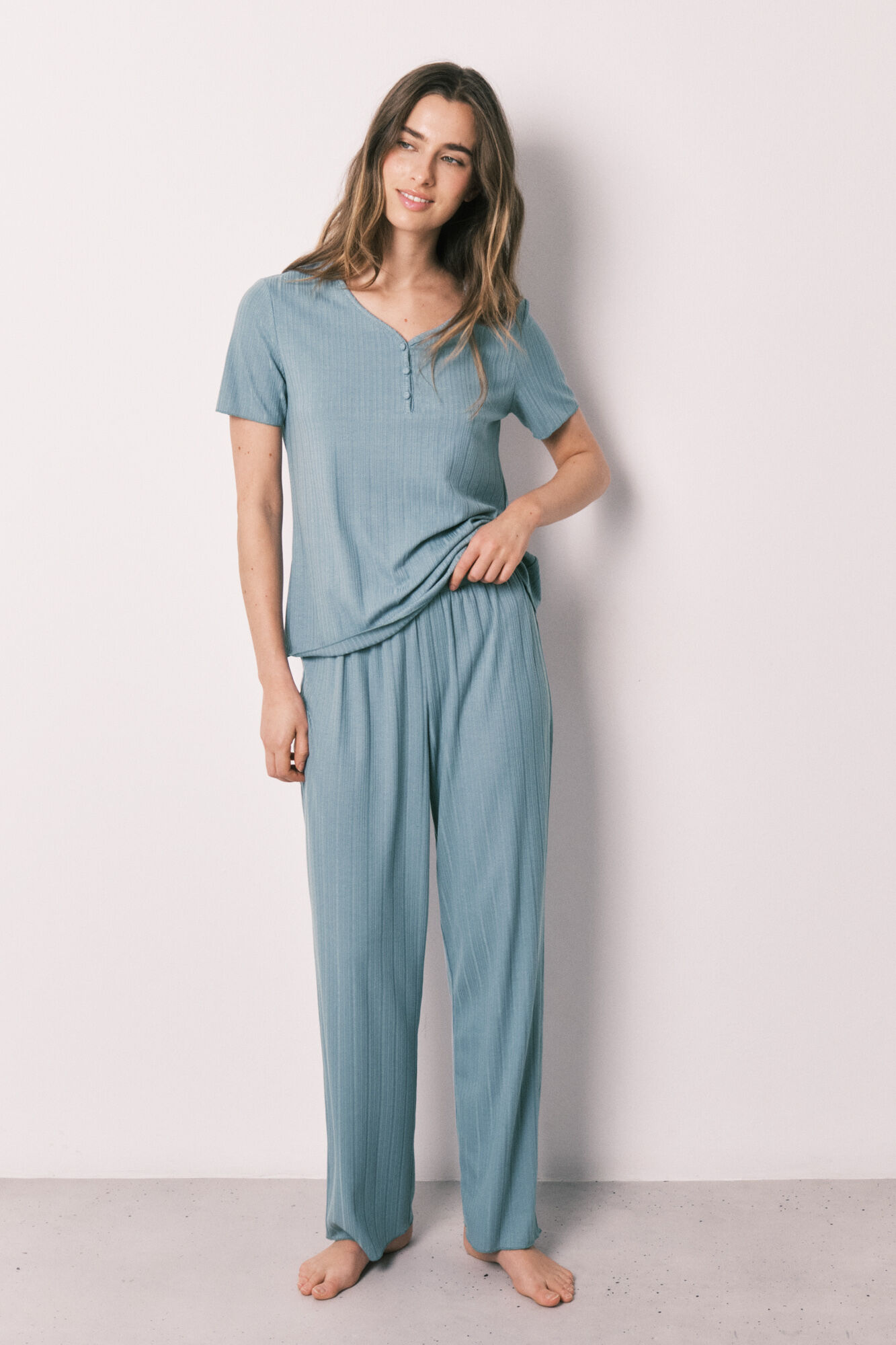 Women'secret Pijama de manga corta textura pointelle verde