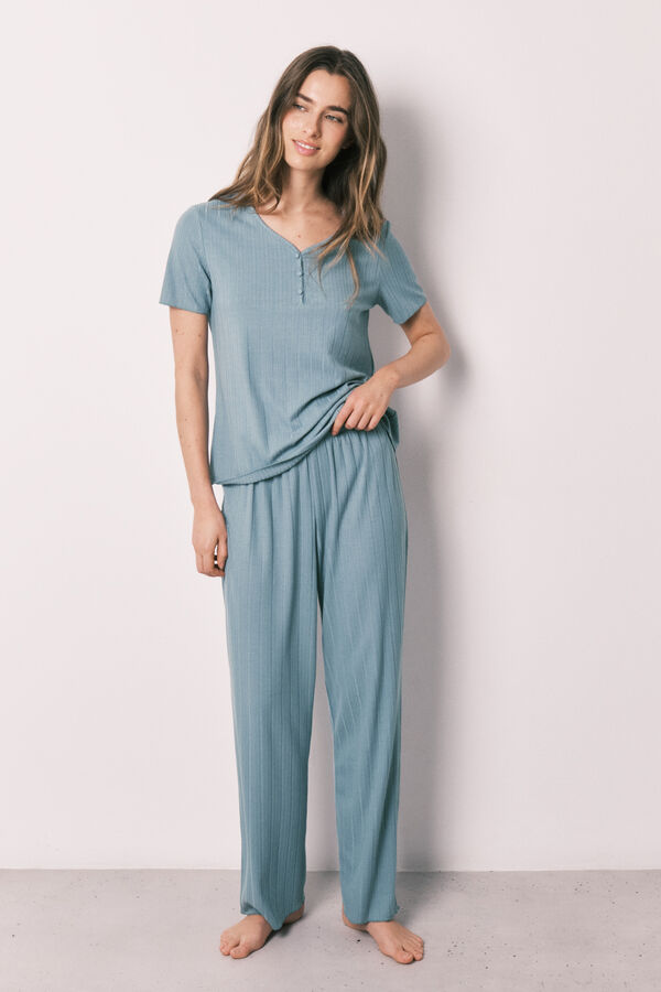 Women'secret Pijama de manga corta textura pointelle verde azul