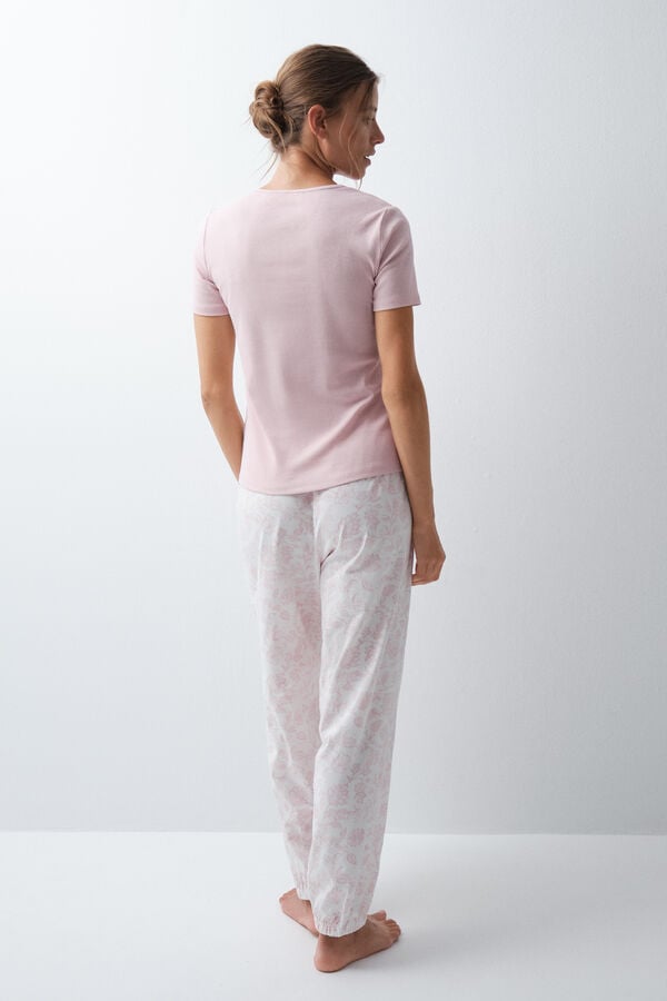 Women'secret Pijama larga de manga corta de algod&oacute;n con estampado floral rosa rosa