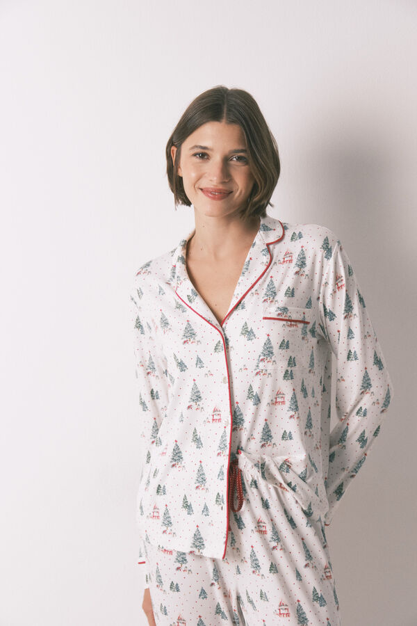 Women'secret Pijama camisera largo con estampado navidad blanco marfil