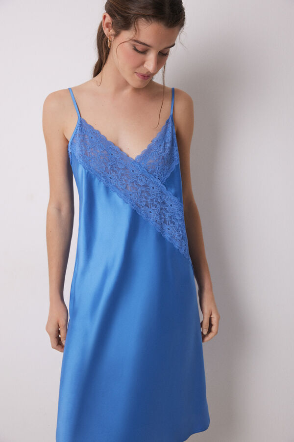 Womensecret Camisón corto satén y encaje azul estampado