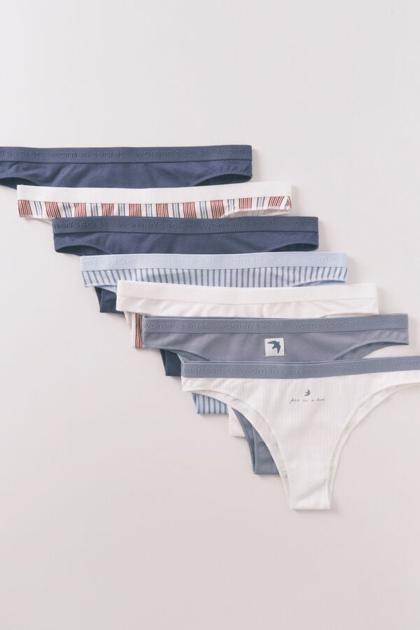 Women'secret Pack 7 panties brasile&ntilde;as con logo de algod&oacute;n azul estampado