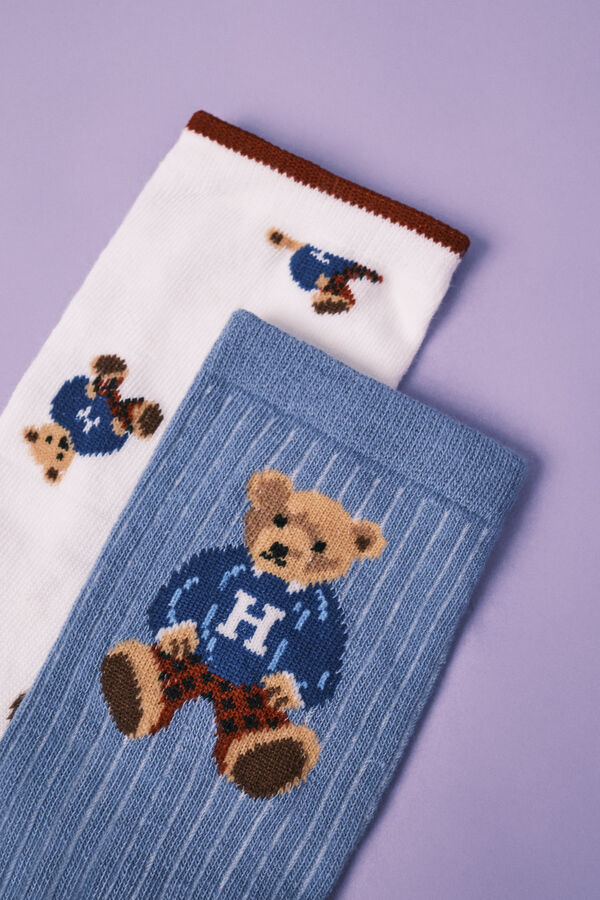 HI&BYE Pack 2 calcetines azul y blanco osito estampado