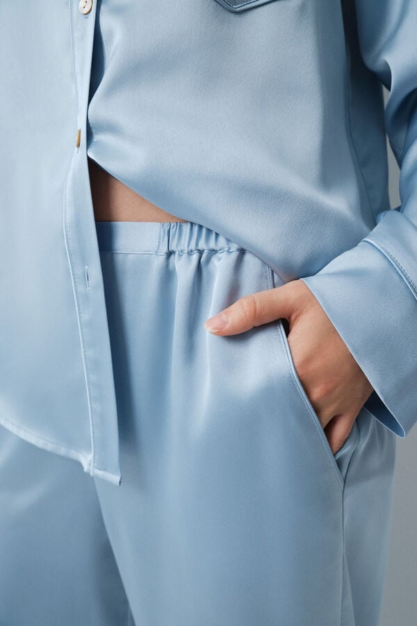 Women'secret Pijama larga camisera satinada azul azul