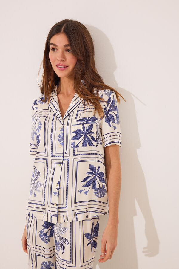 Womensecret Pijama camisera de satén con estampado de flores azul