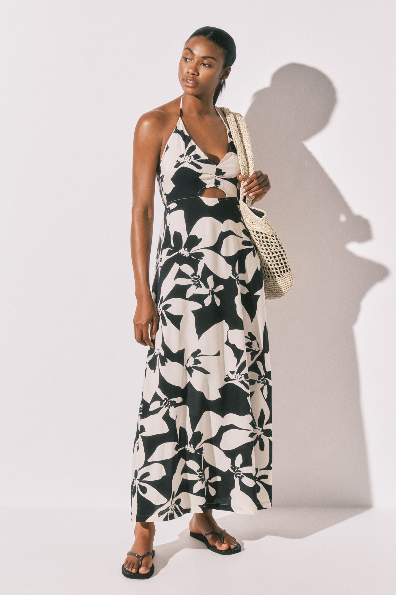 Women'secret Vestido largo estampado floral blanco y negro