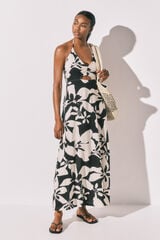 Women'secret Vestido largo estampado floral blanco y negro negro