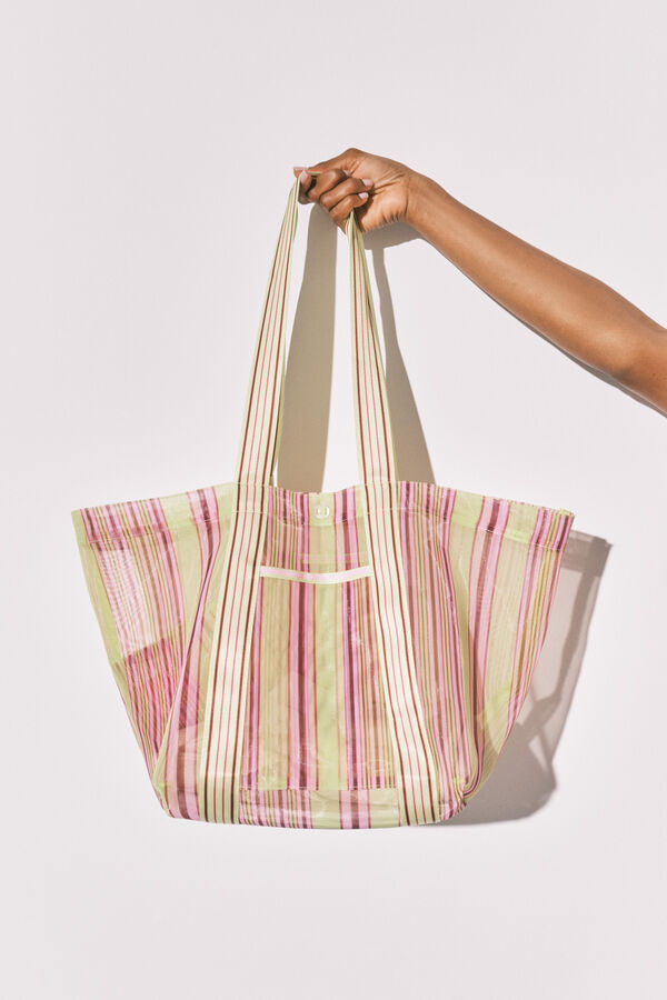 Women'secret Bolsa grande de malla a rayas verde y rosa estampado