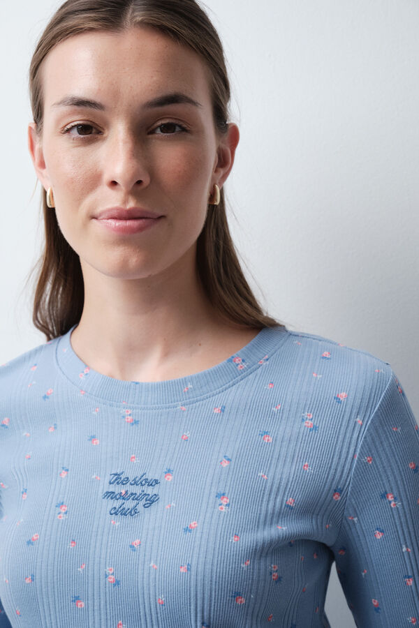Women'secret Pijama larga de algod&oacute;n con estampado floral azul