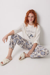 Womensecret Pantalón largo zanahoria 100% algodón flores azul